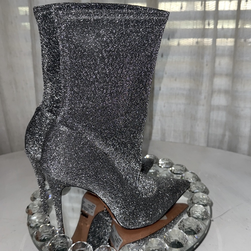$258 SCHUTZ Silver Metallic Stretch Heeled Ankle Booties 9.5 NWT